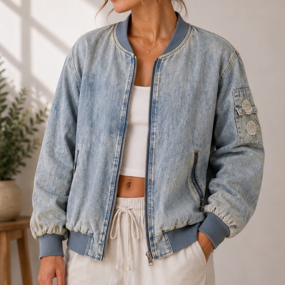 Hayden Los Angeles Denim Bomber Jacket Rose Embroidered‎ Blue Wash Size S M |N1